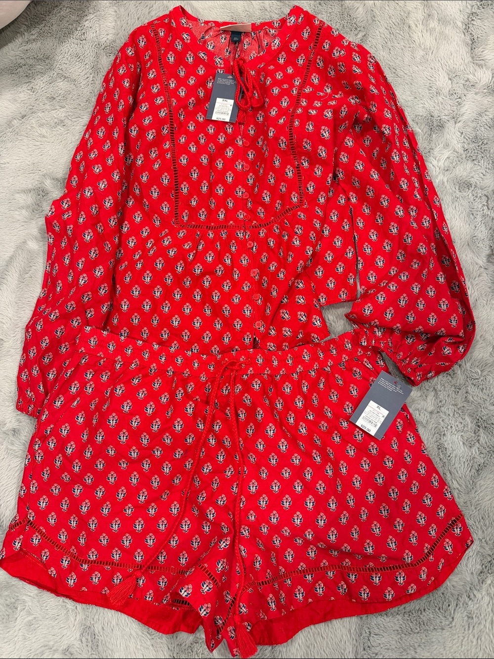 Women's Red Printed top and shorts matching set  - XL bottom XXL Top